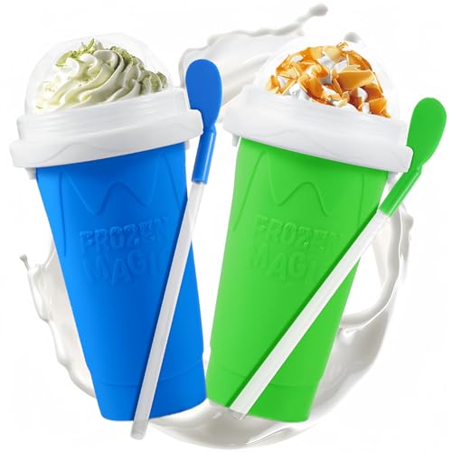 REGNBUE Slushie Cup, 2 Pack Slushy Maker Cup with Lid & Straw for Kids Friends Family, Portable Smoothie Squeeze Cup for Milk, Juices, and Ice Cream Make (Blue+Green)