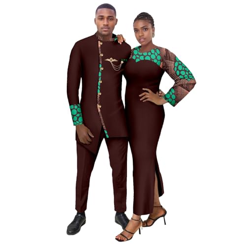 African Women's Slim Side Split Dress Matching Couple Outfits Dashiki Men Clothes Shirt and Pant Sets