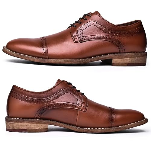 Image of Arkbird Men's Dress Shoes Modern Oxford Round Cap Toe Lace up Casual Formal Business Leather Derby Shoes, Brownish 9.5