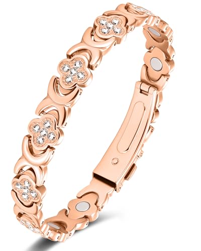 Jeracol 99% Copper Bracelet for Women,Magnetic Bracelet for Women with Lucky Clover Design,Adjustable Length with Sizing Tool in Gift Box(Rose Gold)