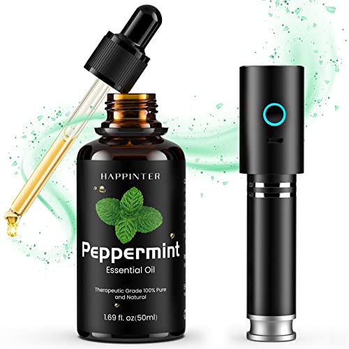 HAPPINTER Peppermint Essential Oil with Mini Diffuser,Pure Plant Essential Oil Naturally Extracts,Essential Oil Set Sait for Soothing,Refreshing,Reduce Redness-1.69 Fl. Oz