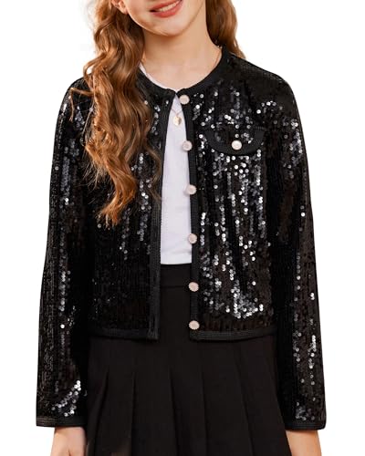 GRACE KARIN Girls Sequin Jackets Sparkle Dress Coats Button Cropped Cardigan for Kids 5-14