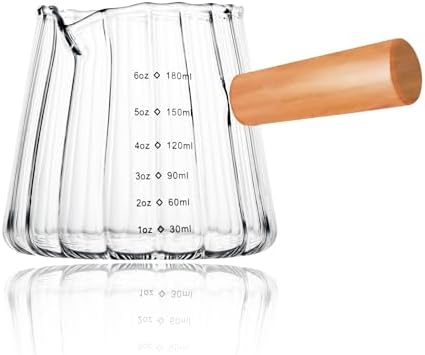 Espresso Measuring Cup 6 Oz, Espresso Glass Cups with Wood Handle, Milk Frothing Cup, Espresso Cup for Coffee, Milk, Tea or Maple Syrup Serving