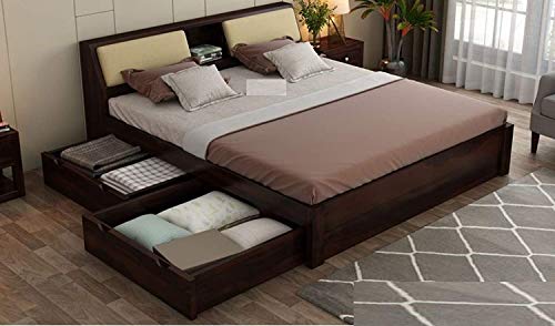 Image of Sheesham Solid Wood Walnut Finish Walken King Size Bed Open Dual Storage for Bedroom Room (King, Walnut)