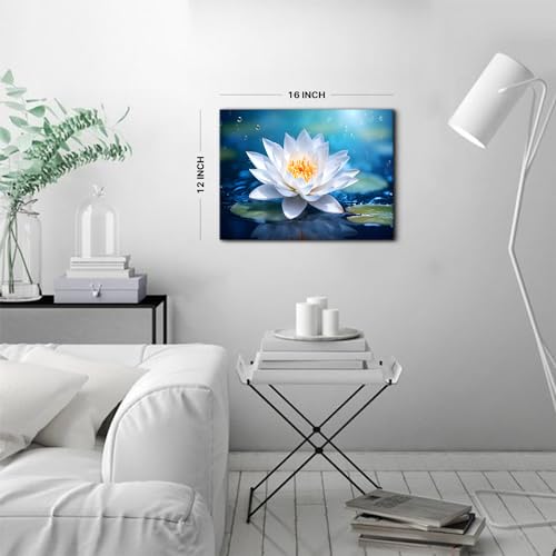 Image of Lotus Flower Wall Art Zen Bathroom Pictures Wall Decor Nature Water Blooming White Floral Canvas Painting Blue Meditation Room Decor Spiritual Spa Yoga Artwork Home Living Room Decorations 12x16 inch
