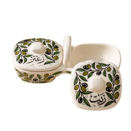 Palestinian Olive Oil & Za’atar Serving Dish – Handmade Ceramic Dipping Plate Set, Bread Dip Tray, Appetizer Platter, Mezze Serving Dish Zatoun Design