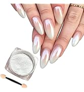 TITIMORE White Pearl Chrome Nail Powder Holographic Sparkle Nail Glitter Powder Aurora Shimmer C...