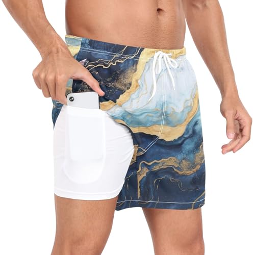 2 in 1 Mens Gold Blue Marble Swim Trunks 4.7 Inch Swim Shorts Swim Suits Board Shorts（307）2