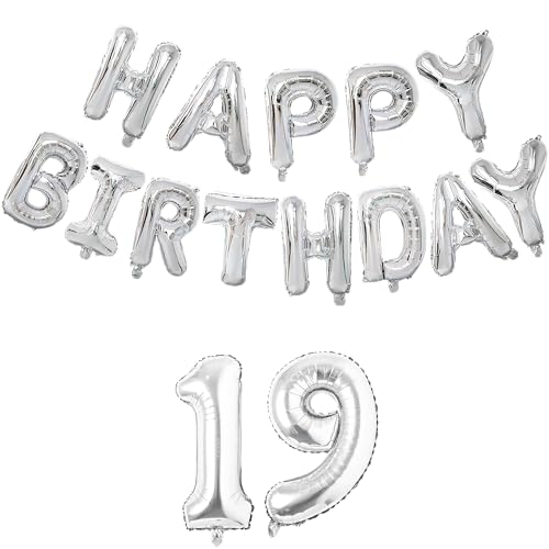 Image of Flyloons 19th Silver Happy Birthday Foil Balloon Set for 19 Year Old Boys Girls Teenage | with Number Nineteen | 13 Letters Reusable Happy Birthday Metallic Foil Balloons Decoration Kit,15 piece