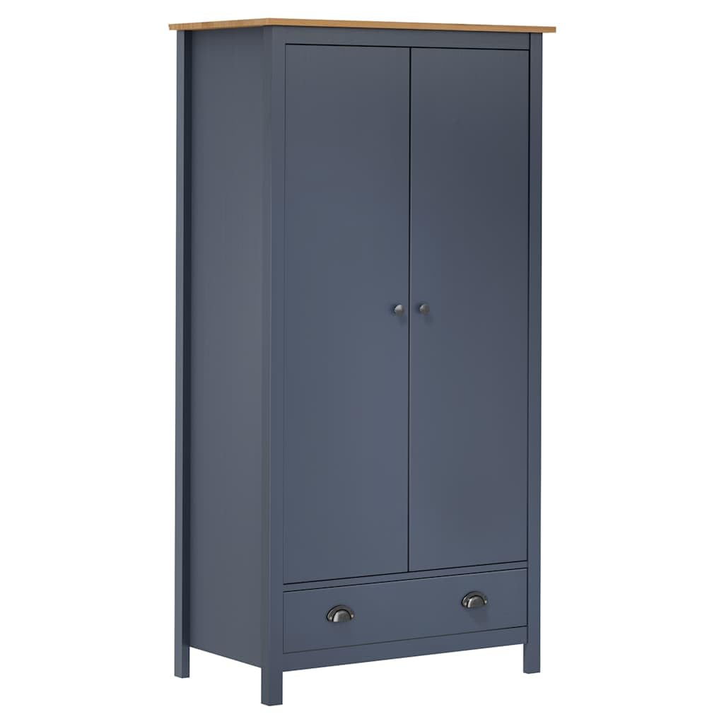 Armadio a 2 ante Hill grigio, 89 x 50 x 170 cm, in legno di pino massiccio, per camera da letto, corridoio e spogliatoio, con cassetto, asta appendiabiti e vano portaoggetti, facile da