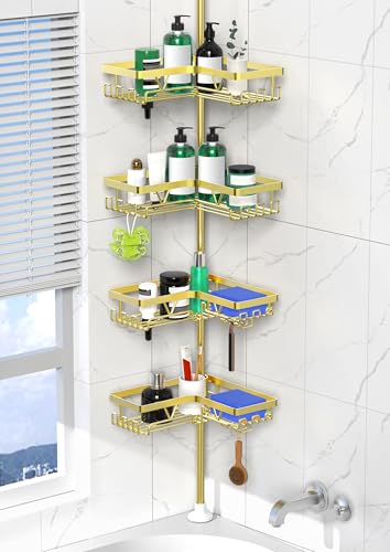 DAOYA Shower Caddy Tension Pole - Gold Corner Shower Caddy Stainless Steel Bathroom Shower Organizer for Tub Tension Rod Corner Shower Shelves(22-114.2inch)