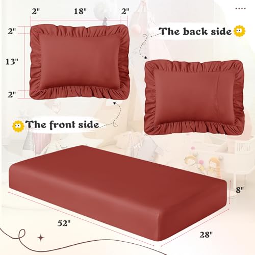 Image of KKJIAF 3 Piece Toddler Sheet Set Microfiber, Includes a Flat Sheet, a Fitted Sheet and a Ruffle Pillowcase, Rust Red
