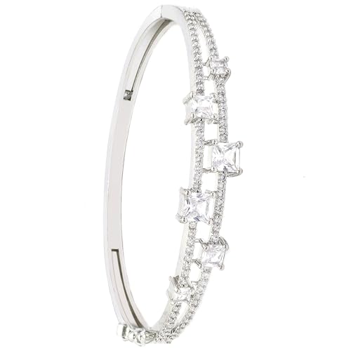 Image of ZENEME Rhodium-Plated American Diamond Studded Flower Patterned Kada Bracelet For Girls and Women