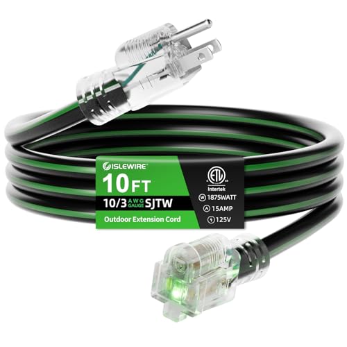 islewire 10FT 10/3 Outdoor Extension Cord, 10 AWG Ultra Heavy Duty 3-Prong SJTW, Waterproof...