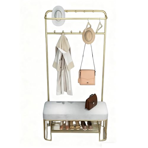 Entryway Coat Stand, Metal Coat Rack Freestanding Industrial with Integrated Shoe Bench and Shoe Cabinet, Suitable for Entryway Hallways(80cm/31in)