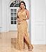 Cololura Women Elegant Sexy Sequin High Split Ruffled Sleeve Bodycon Mermaid Party Evening Gowns Maxi Dress Gold