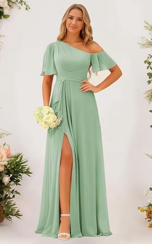 Long One Shoulder Bridesmaid Dresses with Slit for Women Short Sleeves Chiffon Formal Evening Gowns with Pockets2
