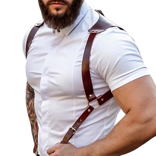 Fstrend Men Leather Suspenders Harness Belt Strap Brown Body Accessory