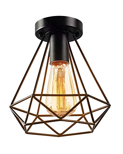 iDEGU Plafonnier Industrielle en Métal Cage Carré, Lustre Abat-jour Fer Luminaire E27 Lampe de Plafond Noir pour Salon Chambre Bar (Diamant 20CM 1 Pack)