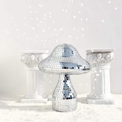 Creative Retro Disco Mushroom Decor – Handmade Funky Mirror Ball Ornament for 70s Party, Groovy Home Vibes, Aesthetic Room or Table Centerpiece (Silver)