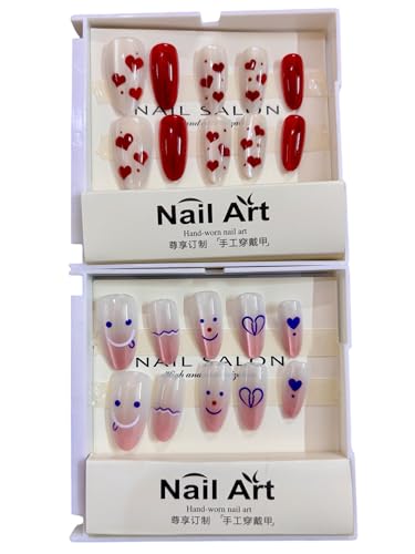 Nail Art Professional Press-On Nails Set, Valentine Hearts and Cute Faces Design, Red and Pink Ombre, Hand-Worn Artificial Nails for Wedding and Bridal, 2 Pack