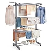 SONGMICS Étendoir à Linge, Séchoir Mobile à 4 Niveaux, avec roulettes, Pliable, 63,5 x 128 x 173 cm, Grande Capacité, Montage Facile, Utilisation Intérieure et Extérieure, Gris LLR701G01
