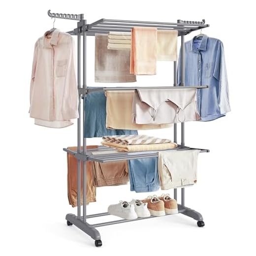 SONGMICS Étendoir à Linge, Séchoir Mobile à 4 Niveaux, avec roulettes, Pliable, 63,5 x 128 x 173 cm, Grande Capacité, Montage Facile, Utilisation Intérieure et Extérieure, Gris LLR701G01