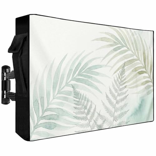 Summer Botanical Outdoor TV Cover Waterproof & Weatherproof TV Covers 60-65 Inch, Outside Zipper Television Screen Protector Enclosure Remote Control Pocket, Green Tropical Palm Leaves Watercolor
