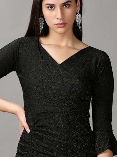 Image of SHOWOFFFF Women Self Design Wrap Casual Dress | V Neck Full Sleeves Lycra Dress for Womens | Knee Length Dress for Women's