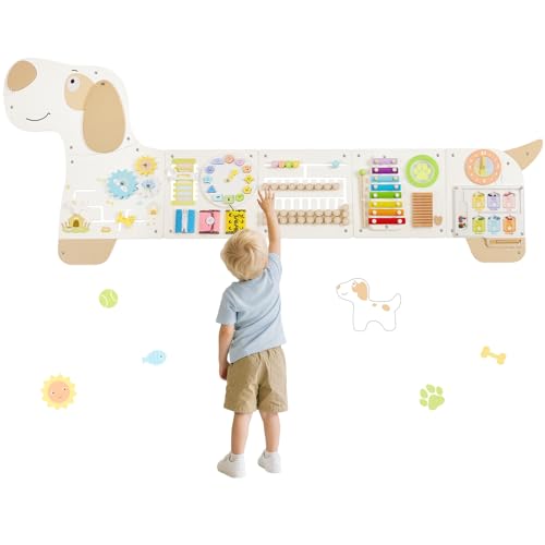 PIIKAGO Wooden Dog Wall Busy Board Panels, Sensory Wall Activity Board for Toddlers 1-3, Montessori Learning Activity Center, Educational Toys for Kids Room, Preschool & Daycare
