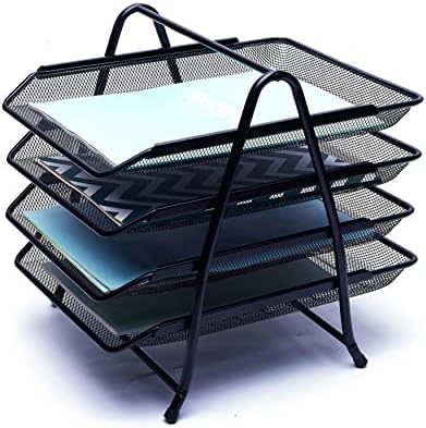 EXERZ Letter Trays 4 layers, Free Standing Paper Sorter - Desk Organiser - File Holder - Wire Mesh Metal File Rack - For Office, School, Home, Study(4 x Black)