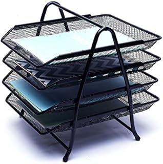 EXERZ Letter Trays 4 layers, Free Standing Paper Sorter - Desk Organiser - File Holder - Wire Mesh Metal File Rack - For Office, School, Home, Study(4 x Black)