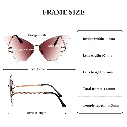 6 Pairs Butterfly Rimless Sunglasses Vintage Gradient Frame Eye Glasses Fashionable Oversized Cat Eye Butterfly Shape Eyewear for Men and Women, 6 Colors2