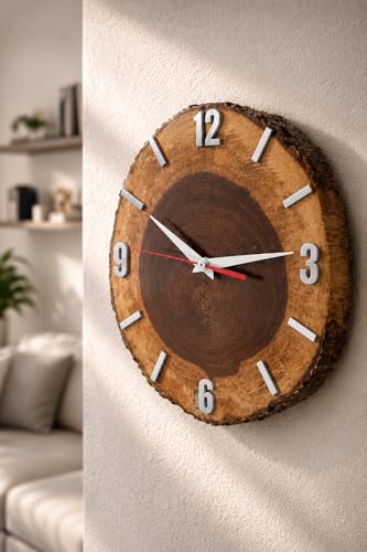 Image of Wall Clock | Handcrafted Sheesham Wooden Wall Clock with Silent Sweep Quartz Movement - Solid Wood Wall Clock for Living Room, Office & Home Decor (Rustic Design) (Silver)
