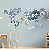 WELTKARTE Wandtattoo Set V248 | handgezeichnet | AUFKLEBER Kindergarten | Wandsticker Kinderzimmer Landkarte Karte Länderkarte Länder Globus (Blau, 100 x 50 cm)