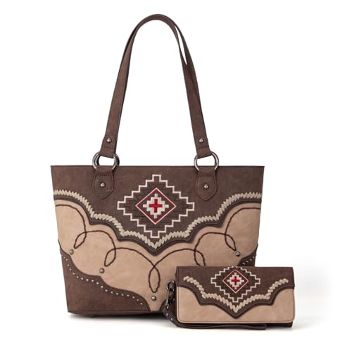 Image of Montana West Aztec Tote Bag for Women Embroidered Western Shoulder Purse and Wallet Set