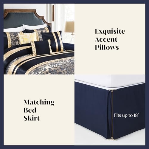 Image of CozyDH Luxury Comforter Set King Size, Navy Blue Gold - 7 Piece Bed in a Bag Jacquard Vintage Floral Damask, All Season Down Alternative Bedding with Bed Skirt, Shams, Decorative Pillows, 104x90 in