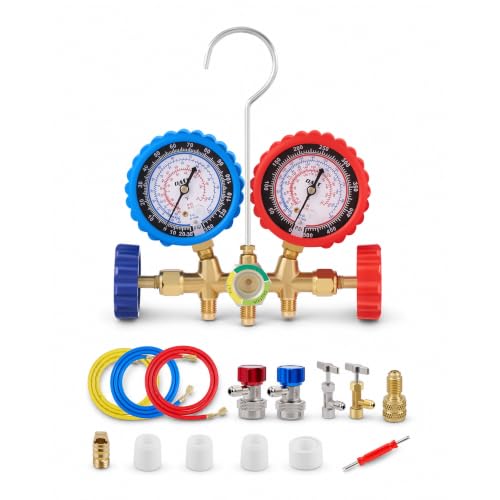 Orion Motor Tech AC Gauge Set with Self Sealing & Puncturing R134A Can Tap AC Gauges for R134a R12 R22 R502 Refrigerant Car AC Gauge Set with 5FT Hoses Adapter Adjustable Couplers Freon Charge Kit