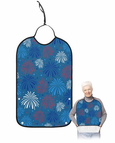 LEOKOTI Blue 4th of July Adult Bibs for Eating, Waterproof Bibs with Food Catcher & Snap Closure, Blue Red White Fireworks Independence Day Washable Clothing Protectors Adult Bibs for Elderly