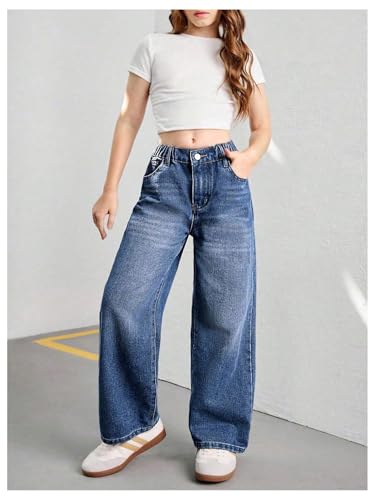 SHENHE Girl's Wide Leg Jeans Elastic Waist Casual Baggy Preppy Denim Pants Trousers4