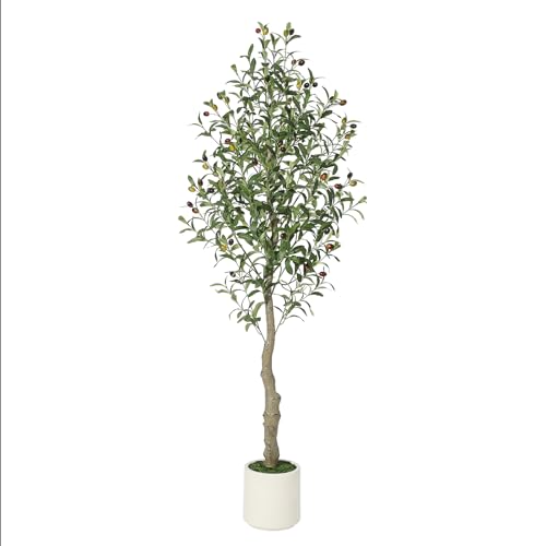 6 ft Faux Olive Tree - Fake Potted Olive Silk Plant with White Planter, Natural Olive Branches and Realistic Leaves Artificial Tree for Home Office De