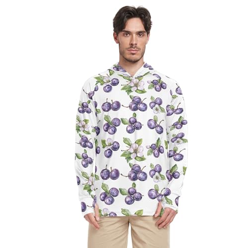 Funny Plum Fruit White Mens Sun Protection Hoodies Long Sleeve Sailing Shirts UPF 50 + Beach Shirt S