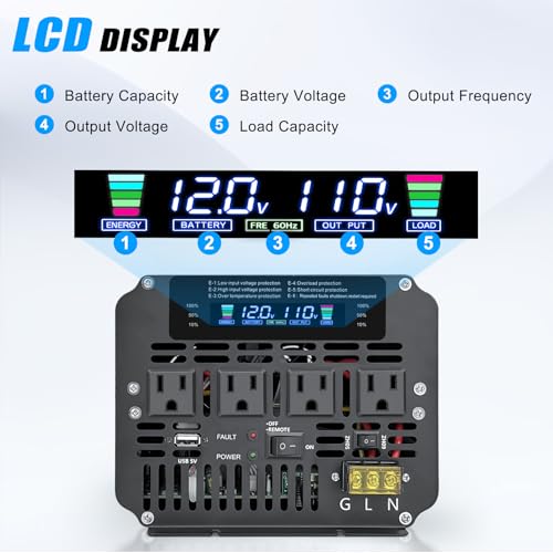 LVYUAN 5000 Watt Power Inverter 12V to 110V 120V for Vehicle, Solar Inverter System, Heavy Duty, RV, Truck, Off Grid,Camping with 4 AC Outlets, LCD Display, Wireless Remote Control, Car Power Inverter - Thumbnail 3
