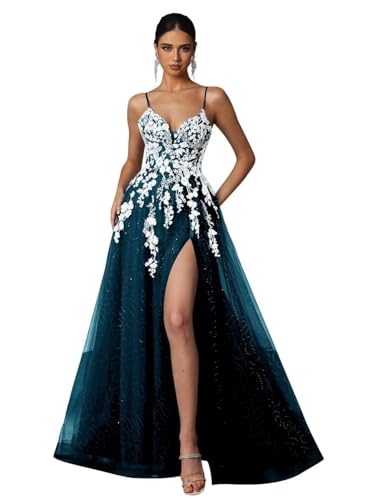 Tulle Prom Dresses 2025 Puffy Ball Gown for Women Formal V Neck Lace Appliques Evening Gown with Slit Long Homecoming Dress