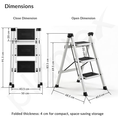 Image of Plantex 3 Step Ladder for Home Use /Wide Anti-Slip Heavy-Duty Step Stool /Lightweight Kitchen Ladder 3 Step (White)