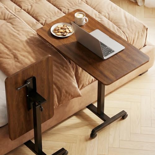 Image of GTPLAYER Small Standing Desk, 24 Inches Foldable Mobile Rolling Laptop PC Table with Lockable Casters, Adjustable Height Overbed Bedside Table Computer Workstation for Home Office, Dark Brown-Foldable