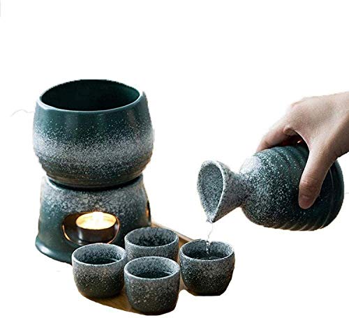 Ceramic 7 Pieces with Warmer and Candle Stove, Malachite Green Snowflake Glaze Wine Glasses Set, for Cold/Warm/Hot Sake/Shochu/Tea