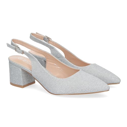 shoes&blues.es 81523-Zapato de Salon para Mujer, Diseno Elegante con Tacon, Abierto por el Talon, Puntera Fina y Cierre de Hebilla Ajustable.. Talla 37 Plata