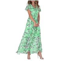 Robe Boheme Femme Ete Col V Chic et Elegant Fleur Imprimé en Chiffon Longue Robe Casual Manches Courtes Ample et Confortable Robes de Plage Femme Grande Taille Vacances Robes