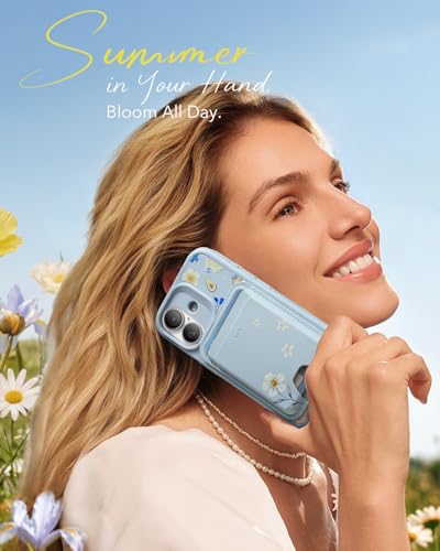 Image of ESR Aura for MagSafe Wallet for Women, RFID Blocking, MagSafe Sticker Included, 5 Cards Holder Magnetic Wallet for iPhone 17e /17 /16 /15 /14 /13 /12 & Select Samsung, Tropical Paradise, Light Blue